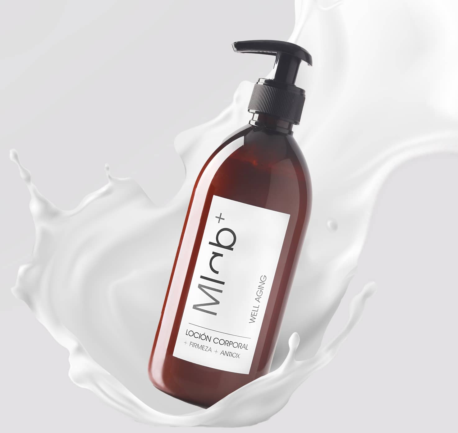 Envase de la loción corporal +Antiox +Firmeza de Mlab Wellaging con un salpicado de agua
