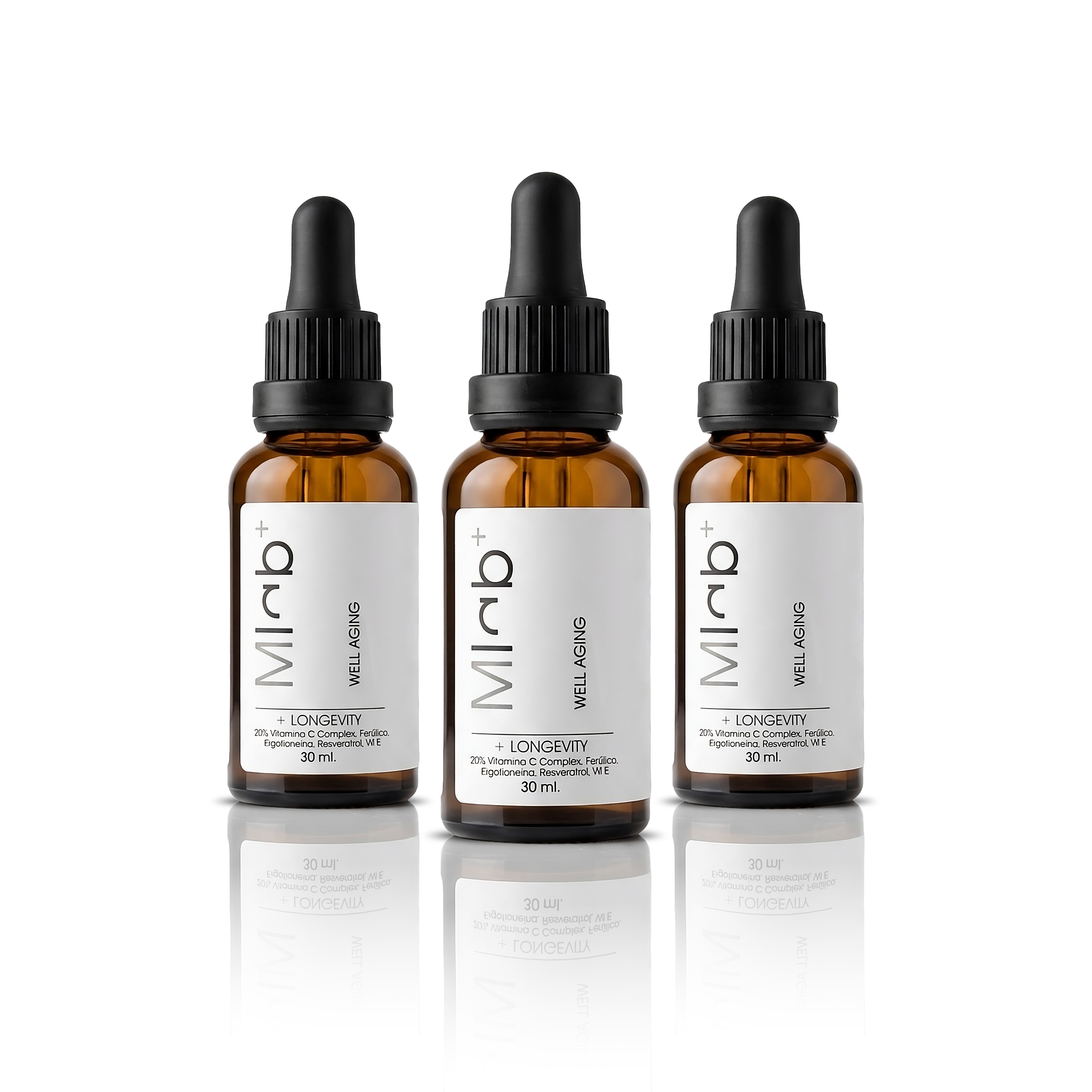 Tres frascos del sérum facial de día antioxidante +LONGEVITY 50 ml de Mlab Wellaging